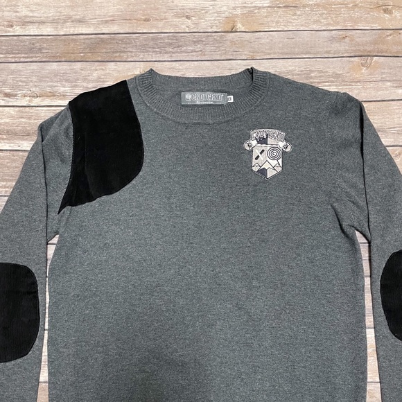 CNDYGRND Candy Grind Gray Knit Sweater Small Embroidered Logo Corduroy Patches - Picture 2 of 9